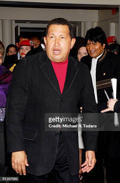 Venezuelan President Hugo Chavez attends the "South of the Border" premiere at the Walter Reade Theater on September 23, 2009 in New York City.