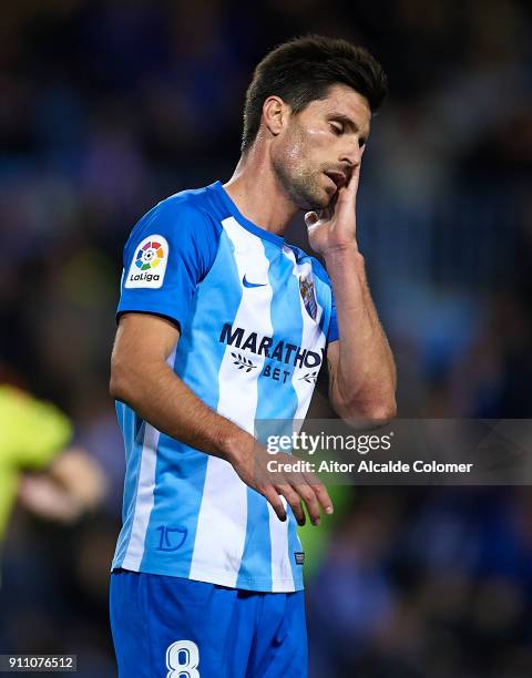 Adrian Gonzalez of Malaga CF reacts during the La Liga match between Malaga and Girona at Estadio La Rosaleda on January 27, 2018 in Malaga, .