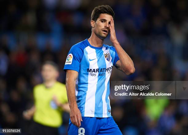 Adrian Gonzalez of Malaga CF reacts during the La Liga match between Malaga and Girona at Estadio La Rosaleda on January 27, 2018 in Malaga, .