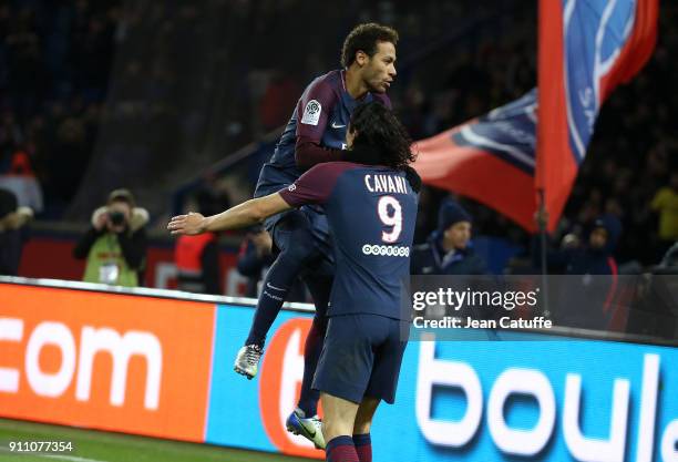 Neymar Jr of PSG celebrates his second goal with Edinson Cavani during the French Ligue 1 match between Paris Saint Germain and Montpellier Herault...
