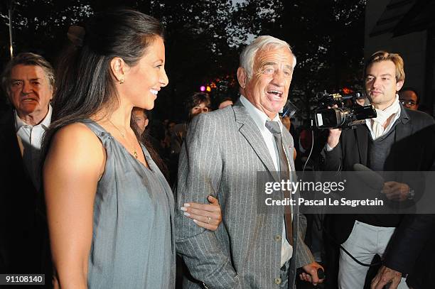 Barbara Gandolfi and actor Jean-Paul Belmondo arrive at the screening of director Jean-luc Godard's film 'Pierrot le Fou' at Cinematheque Francaise...