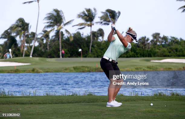 Brooke Henderson of Canada hits her tee shot on the third hole during the second round of the Pure Silk Bahamas LPGA Classic at the Ocean Club Golf...