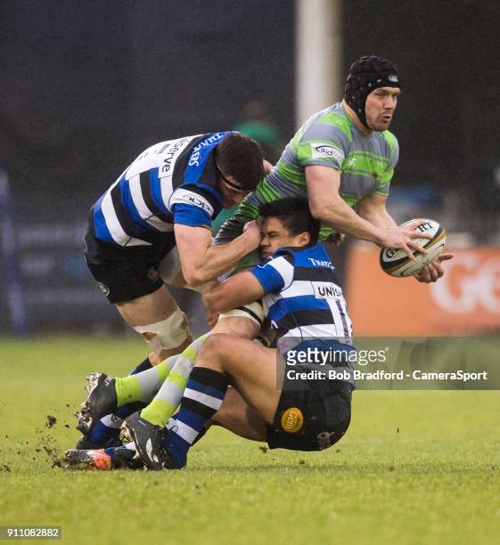 Newcastle Falcons' Ryan Burrows is tackled by Bath Rugby's Ben Tapuai during the Anglo Welsh Cup Round Three match between Bath Rugby and Newcastle...