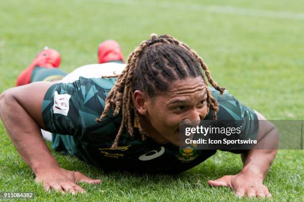 South African player Justin Geduld scores a try in their game against England at the World Rugby Sevens Series at Allianz Stadium in Sydney on...