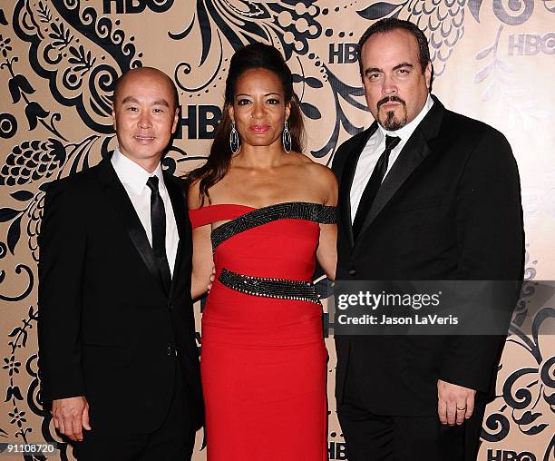 Actors C.S. Lee, Lauren Velez and David Zayas attend HBO's post Emmy Awards reception at Pacific Design Center on September 20, 2009 in West...