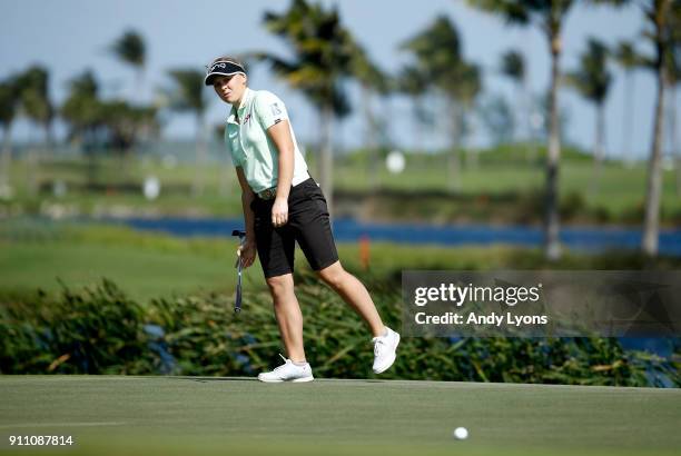 Brooke Henderson of Canada watches her birdie putt on the ninth hole during the second round of the Pure Silk Bahamas LPGA Classic at the Ocean Club...