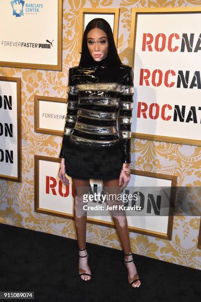 Winnie Harlow attends the 2018 Roc Nation Pre-Grammy Brunch at One World Trade Center on January 27, 2018 in New York City.