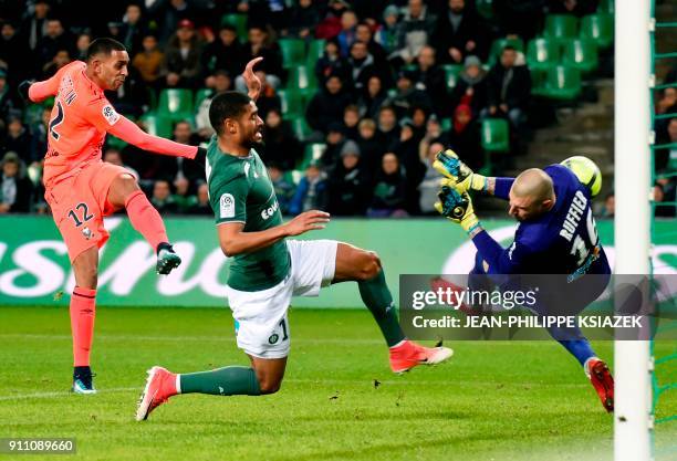 Caen's French forward Sylvio Ronny Rodelin scores a goal during the French L1 football match between Saint-Etienne and Caen on January 27 at the...