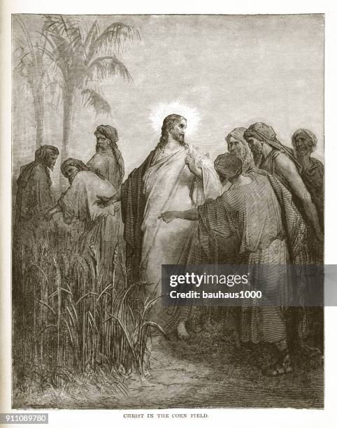 christ in the corn field engraving - ancient jerusalem stock illustrations