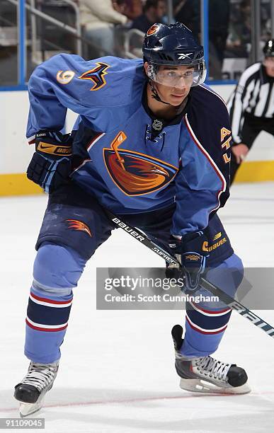 Evander Kane of the Atlanta Thrashers gets set for a faceoff during the preseason game against the Nashville Predators at Philips Arena on September...