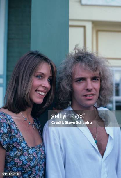 Portrait of actor/musicians Sandy Farina and Peter Frampton on the set of their film 'Sgt Pepper's Lonely Hearts Club Band' , Los Angeles,...