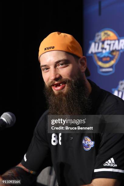 Brent Burns of the San Jose Sharks addresses the media during Media Day for the 2018 NHL All-Star at the Grand Hyatt Hotel on January 27, 2018 in...