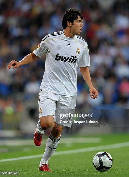 Kaka of Real Madrid runs with the ball during the La Liga match between Real Madrid and Xerez at the Estadio Santiago Bernabeu on September 20, 2009...