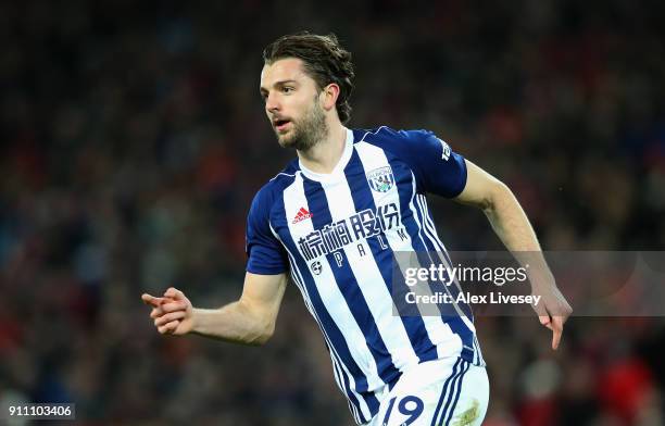 Jay Rodriguez of West Bromwich Albion celebrates after scoring his sides first goal during The Emirates FA Cup Fourth Round match between Liverpool...