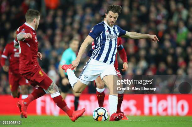 Jay Rodriguez of West Bromwich Albion scores his sides first goal during The Emirates FA Cup Fourth Round match between Liverpool and West Bromwich...