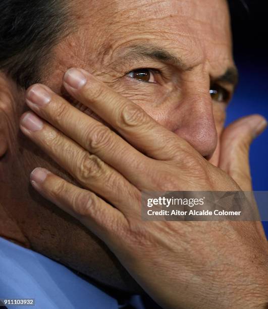 Head Coach of Malaga CF Jose Gonzalez reacts during the La Liga match between Malaga and Girona at Estadio La Rosaleda on January 27, 2018 in Malaga,...