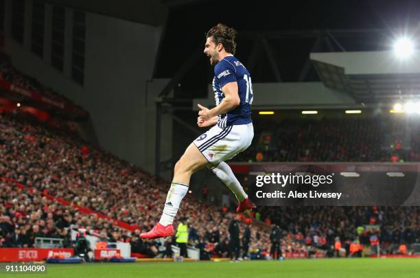 Jay Rodriguez of West Bromwich Albion celebrates after scoring his sides second goal during The Emirates FA Cup Fourth Round match between Liverpool...