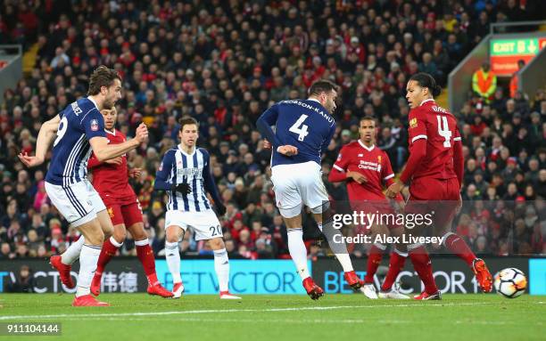 Jay Rodriguez of West Bromwich Albion scores his sides second goal during The Emirates FA Cup Fourth Round match between Liverpool and West Bromwich...