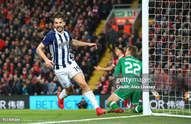 Jay Rodriguez of West Bromwich Albion celebrates after scoring his sides second goal during The Emirates FA Cup Fourth Round match between Liverpool...