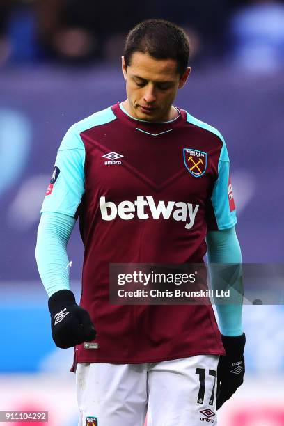 Javier Hernandez of West Ham United reacts during the Emirates FA Cup Fourth Round match between Wigan Athletic and West Ham United on January 27,...