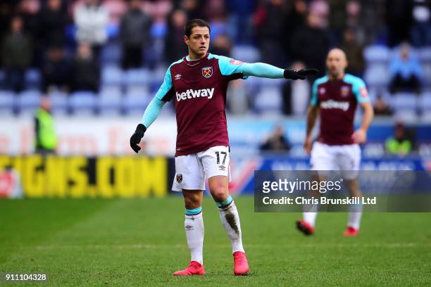 Javier Hernandez of West Ham United gestures during the Emirates FA Cup Fourth Round match between Wigan Athletic and West Ham United on January 27,...