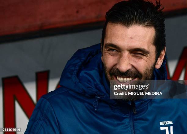 Juventus' Italian goalkeeper Gianluigi Buffon is pictured prior to the Italian Serie A football match AC Chievo vs Juventus at the...