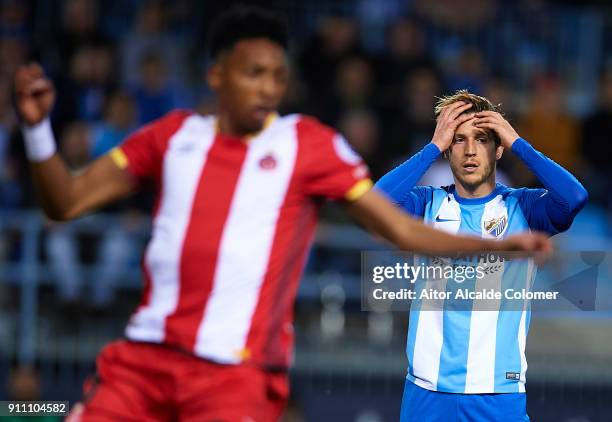 Sergio Gontan "Keko" of Malaga CF reacts during the La Liga match between Malaga and Girona at Estadio La Rosaleda on January 27, 2018 in Malaga, .