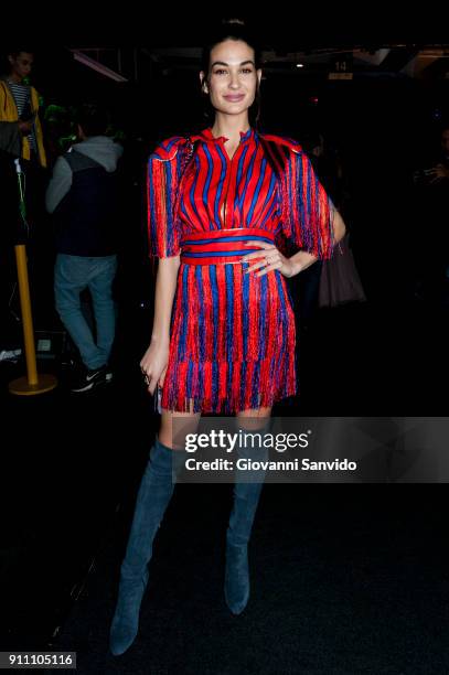 Estela Grande is seen at the Custo show during the Mercedes-Benz Fashion Week Madrid Autumn/Winter 2018-19 at Ifema on January 27, 2018 in Madrid,...