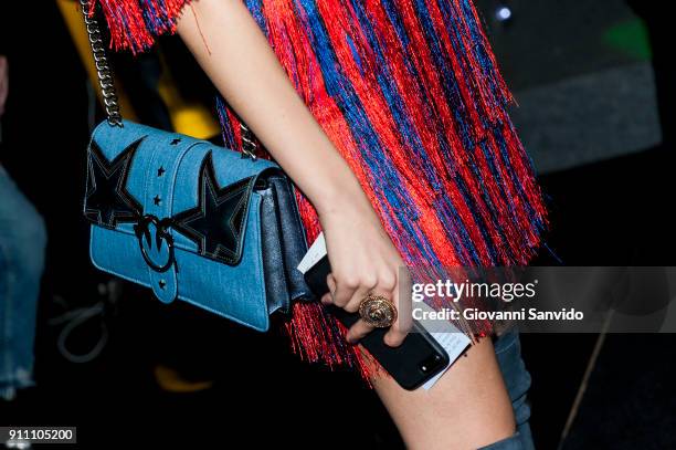 Estela Grande is seen at the Custo show during the Mercedes-Benz Fashion Week Madrid Autumn/Winter 2018-19 at Ifema on January 27, 2018 in Madrid,...