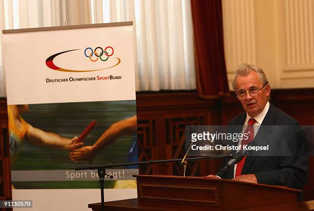 Honory member of German Olympic Sports Federation Walther Troeger speaks during the 60th German National Olympic Committee anniversary at museum...