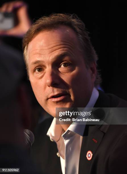 Head coach Jon Cooper of the Tampa Bay Lightning addresses the media during Media Day for the 2018 NHL All-Star at the Grand Hyatt Hotel on January...