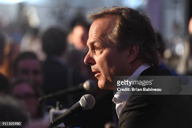 Head coach Jon Cooper of the Tampa Bay Lightning addresses the media during Media Day for the 2018 NHL All-Star at the Grand Hyatt Hotel on January...