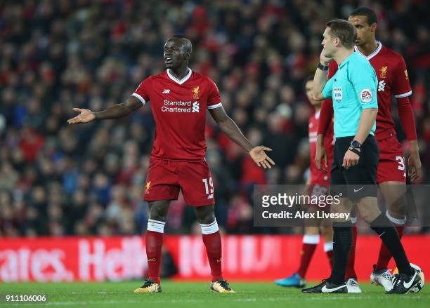 Sadio Mane of Liverpool complains the the match referee, Craig Pawson during The Emirates FA Cup Fourth Round match between Liverpool and West...