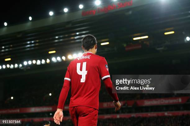 Virgil van Dijk of Liverpool is pictured during The Emirates FA Cup Fourth Round match between Liverpool and West Bromwich Albion at Anfield on...