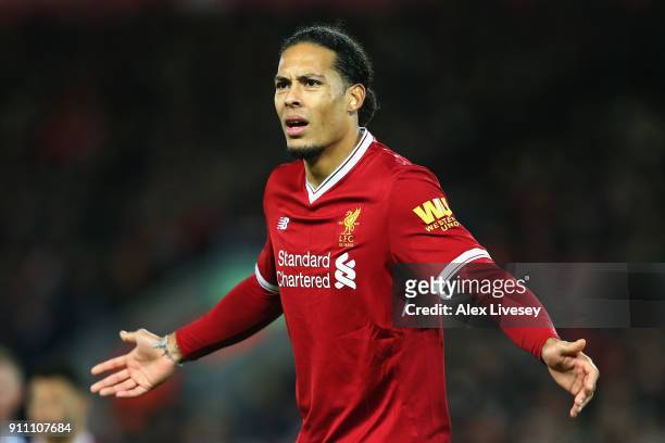 Virgil van Dijk of Liverpool reacts during The Emirates FA Cup Fourth Round match between Liverpool and West Bromwich Albion at Anfield on January...