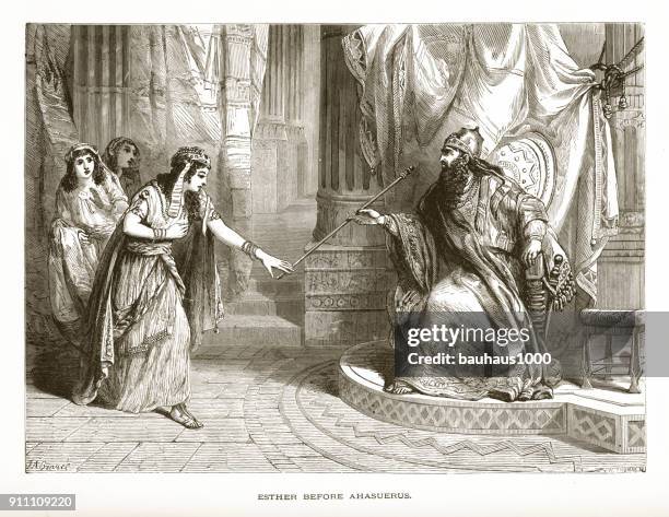 ester before ahasuerus biblical engraving - solomon stock illustrations