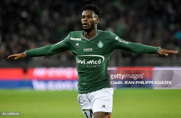 Saint-Etienne's French forward Jonathan Bamba celebrates after scoring a goal during the French L1 football match Saint-Etienne vs Caen on January 27...