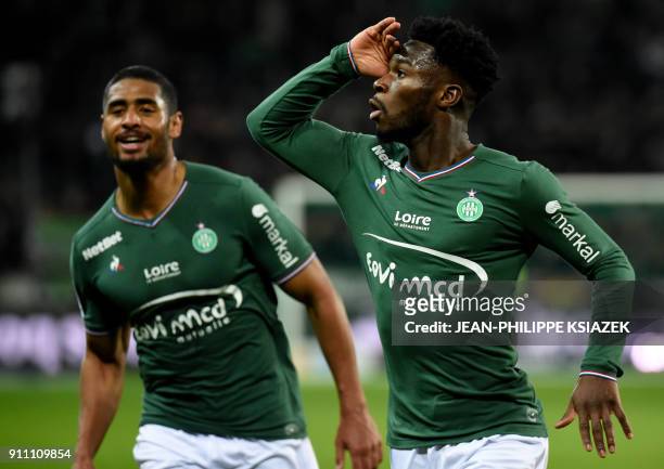 Saint-Etienne's French forward Jonathan Bamba celebrates after scoring a goal during the French L1 football match Saint-Etienne vs Caen on January 27...