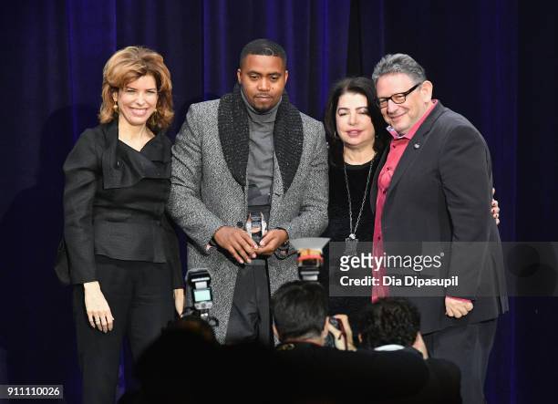 Commissioner of the New York City Mayor's Office of Media and Entertainment, Julie Menin, musician Nas, EVP UMG Michele Anthony, and Chairman and...