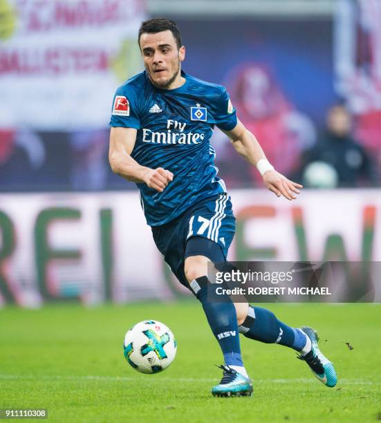 Hamburg´s Serbian midfielder Filip Kostic plays the ball during the German first division Bundesliga football match between RB Leipzig and Hamburger...