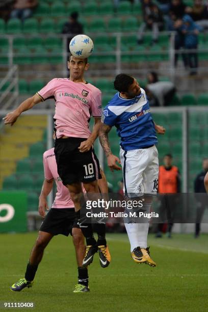 Ivaylo Chochev of Palermo and Alexis Ferrante of Brescia jump for a header during the Serie B match between US Citta di Palermo and Brescia Calcio on...