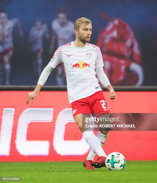 Leipzig´s Austrian midfielder Konrad Laimer plays the ball during the German first division Bundesliga football match between RB Leipzig and...