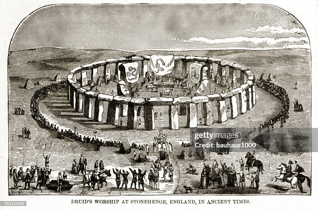 Druids Worshiping at Stonehenge, England in Ancient Times Engraving