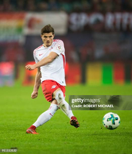 Leipzig´s Austrian forward Marcel Sabitzer plays the ball during the German first division Bundesliga football match between RB Leipzig and Hamburger...
