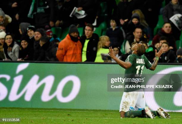 Saint-Etienne's Brazilian midfielder Gabriel Antunes Da Silva reacts during the French L1 football match Saint-Etienne vs Caen on January 27 at the...