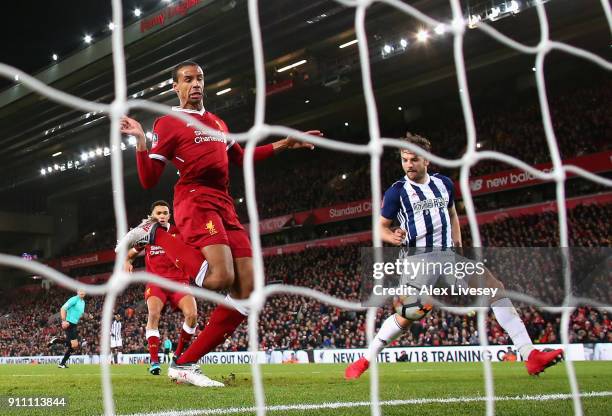 Jay Rodriguez of West Bromwich Albion watches on as Joel Matip of Liverpool scores an own goal during The Emirates FA Cup Fourth Round match between...