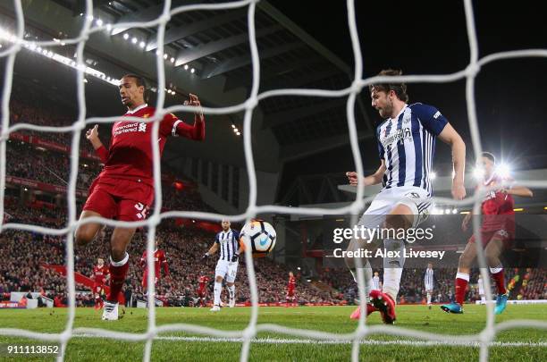 Jay Rodriguez of West Bromwich Albion watches on as Joel Matip of Liverpool scores an own goal during The Emirates FA Cup Fourth Round match between...