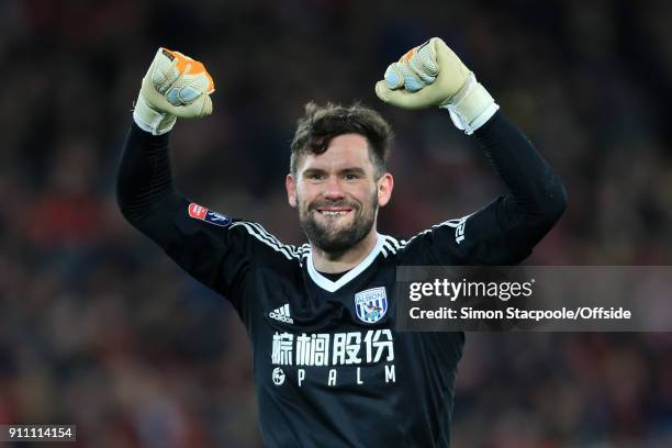 West Brom goalkeeper Ben Foster celebrates their 1st goal during The Emirates FA Cup Fourth Round match between Liverpool and West Bromwich Albion at...