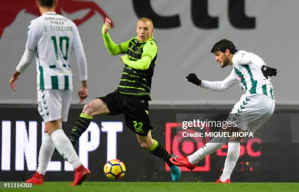 Vitoria FC's Portuguese forward Goncalo Paciencia kicks the ball next to Sporting's French defender Jeremy Mathieu and scores a goal during the...