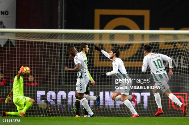 Vitoria FC's Portuguese forward Goncalo Paciencia celebrates after scoring a goal during the Portuguese Cup final match between Vitoria FC and...